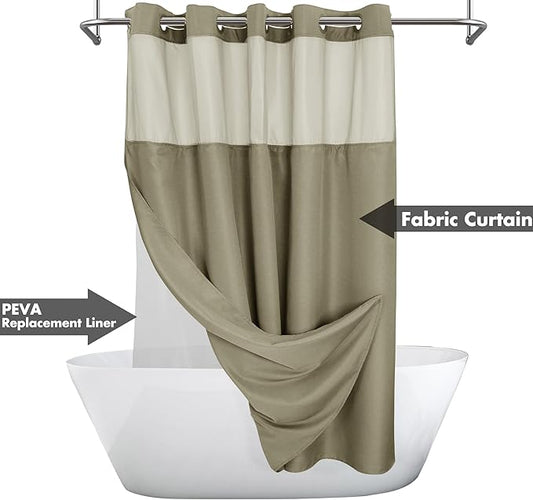 River Dream No Hook Shower Curtain with Snap-in Liner Set, Taupe, 71x74 | Snap on/off Waterproof PEVA Liner, See Through Top Window, Slub Textured, Hotel Style Shower Curtain Set, Standard Size
