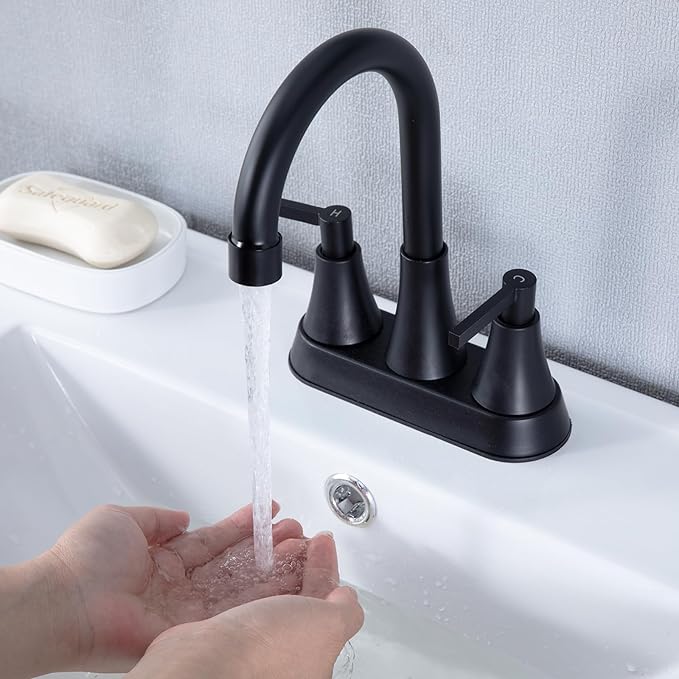 VCCUCINE Bathroom Faucet Matte Black 2 Handle,4-Inch Centerset Bathroom Sink Faucet with pop-up Drainer and 2 Water Supply Hoses, 360°Swivel Spout Bath Rv Lavatory Vanity,2 Pack,VC-MC-010B-2