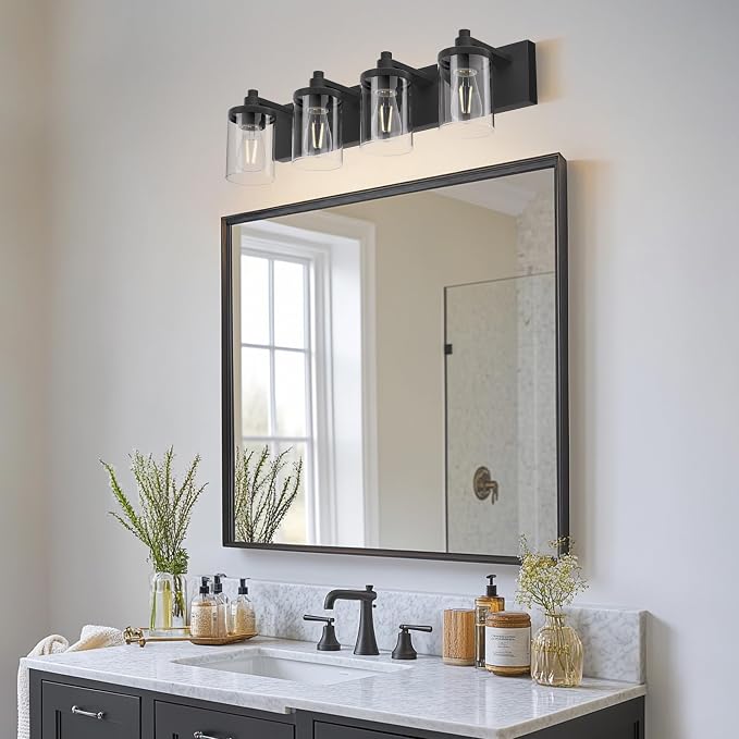 Bathroom Vanity Light, 4 Light Matte Black Light Fixture with Clear Glass Shade, 29 in Modern&Farmhous Vanity Lights, Bathroom Light Fixtures Over Mirror for Bathrooms, Livingroom