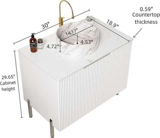 30-Inch Bathroom Vanity with Sink, Freestanding Bathroom Vanities with Marble Ceramic Basin and Sintered Stone Countertop, Soft Closing Door, Modern Bathroom Cabinet, White