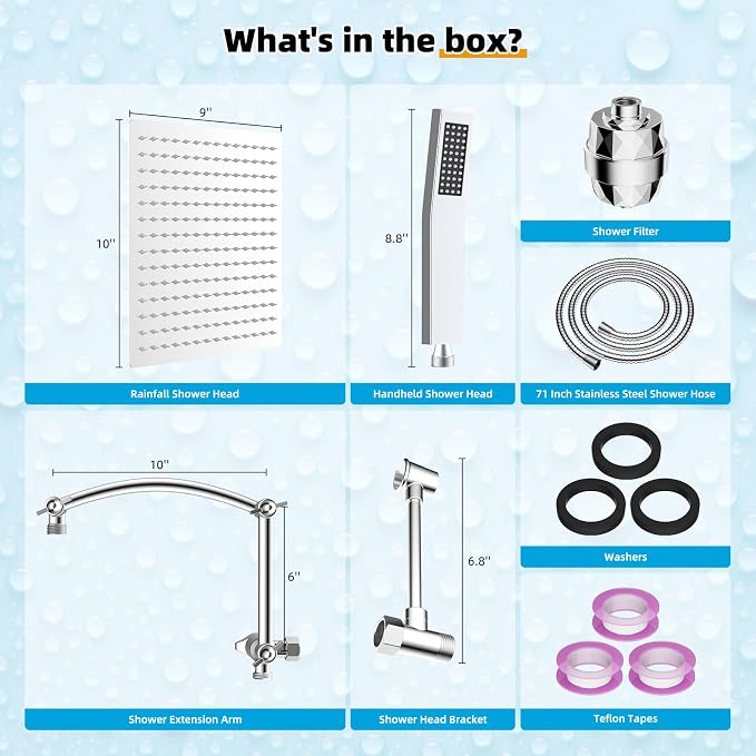 Hibbent All Metal 10'' Filtered Rainfall Shower Head with Handheld Combo, High Pressure Shower Wand, 16'' Adjustable Arc Extension Arm, 20 Stage Shower Filter, 71'' Hose, Shower Head Holder, Chrome