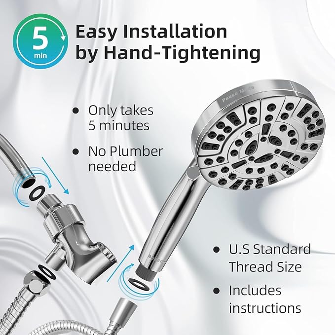 9 Settings High Pressure Handheld shower head with Power Wash | Pause Mode for Water Saving, Power Wash for Tub&Tile, Easy Clean Nozzles, 6ft Hose,Bracket / Premium Chrome