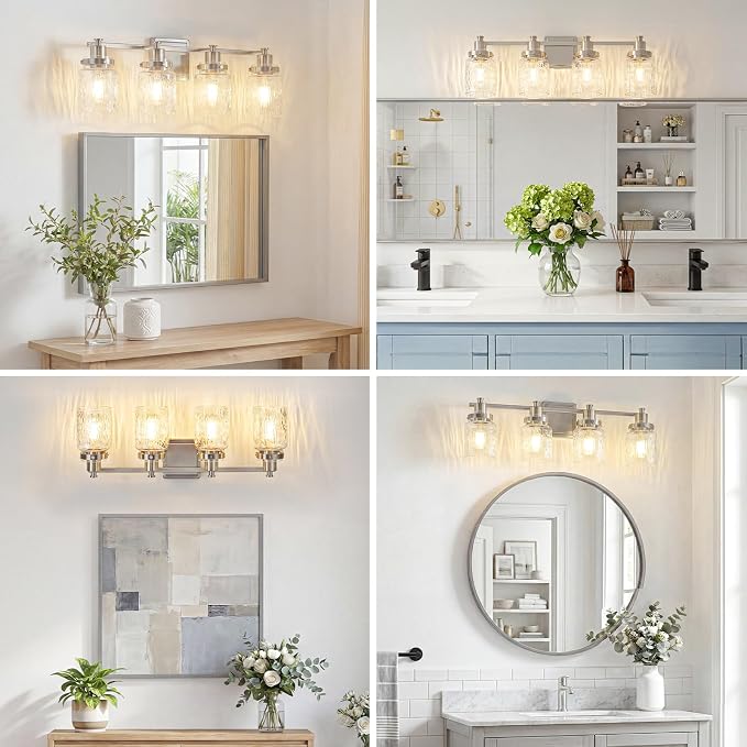4 Light Bathroom Vanity Light Fixtures Modern Brushed Nickel | ETL Certificate, Easy to Install,Wall Mount Up or Down,Hammered Glass Lampshade,E26 Socket,Hardwired,120V
