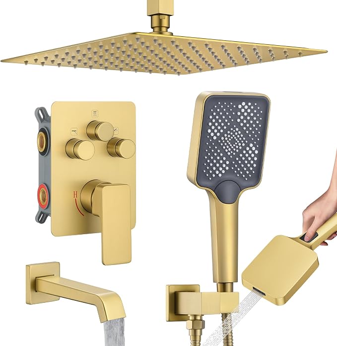 Bathtub Shower Faucet Set with Pressure Balance Valve, 12" Ceiling Mount Shower System with Tub Spout Multi-function Handheld Head Push Button Diverter Shower Trim Kit, Brushed Gold
