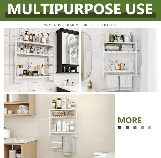 Galood Over The Toilet Storage Bathroom Shelves Wall Mounted 3 Tier White | Space Saver Corner Shelf Organizer Bamboo Towel Rack Toilet Paper Cabinet with Hanging Rod