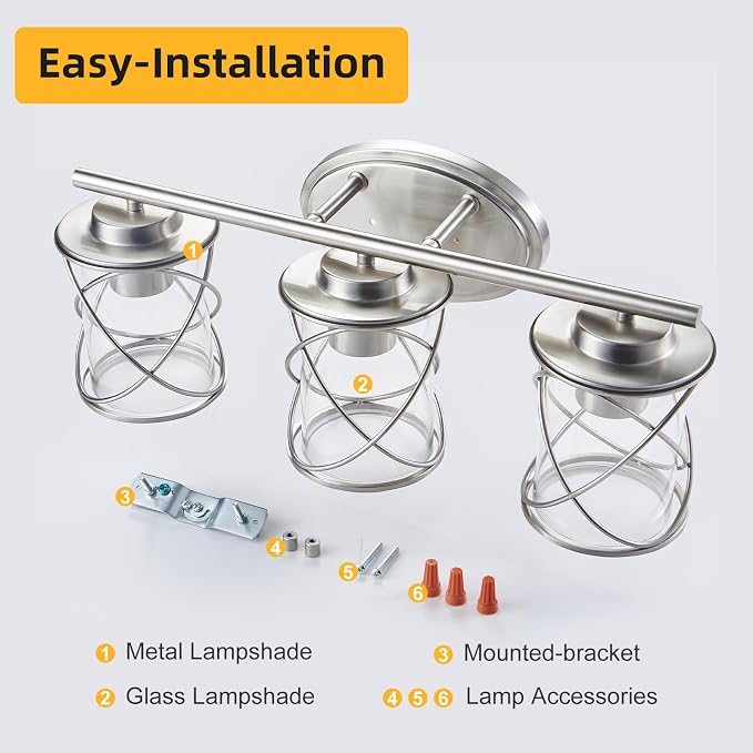3-Lights Bathroom Vanity Lights, Bathroom Light Fixtures Over Mirror, Brushed Nickel Vanity Light, Farmhouse Wall Lights with Clear Glass Shade, Bathroom Wall Lamp for Mirror Kitchen Bedroom