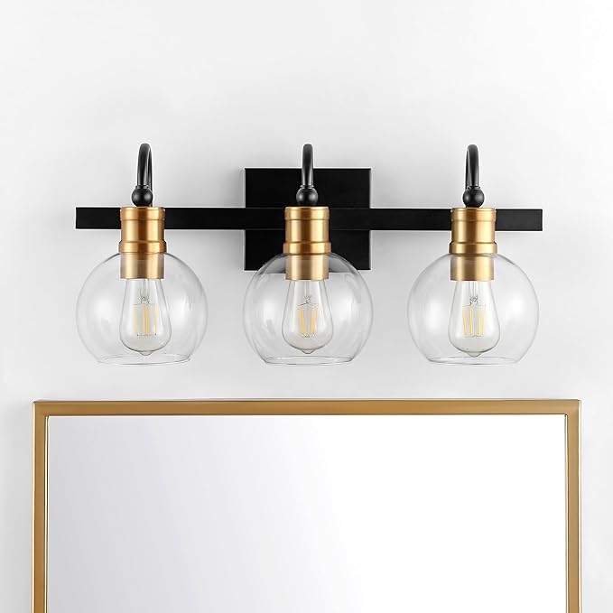 JONATHAN Y 21.5" Black/Brass Gold Vintage Wall Sconce, LED Vanity Light for Bathroom Bedroom Entryway, Clear Glass Globe Shade, Modern Industrial Arched Lamp, LED Bulb Included (JYL3528A)