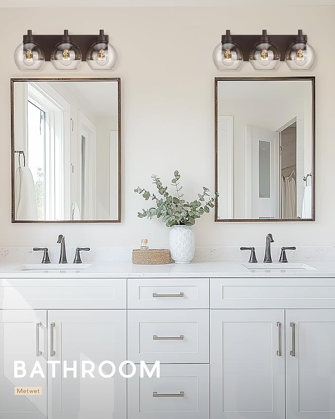 3-Light Oil Rubbed Bronze Bathroom Vanity Light, Clear Glass Globes | Ideal for 22-30" mirrors, 18" modern bathroom light fixtures over mirror, E26 base, bulbs not included, VL195-ORB-3