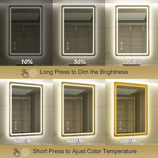 24x36 Inch Gold Framed LED Bathroom Mirror, Smart Bathroom Mirror with Motion Sensor Lights, Anti Fog, Stepless Dimmable & 3 Colors Temperature Adjustment, LED Vanity Mirror for Wall