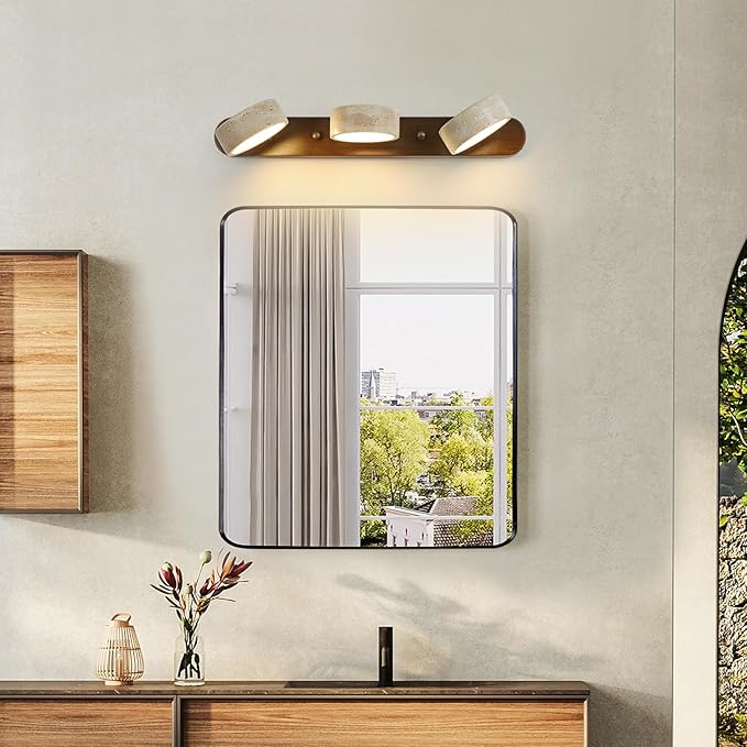 Wood Farmhouse Bathroom Vanity Light,Natural Stone Travertines Walnut Wall Lamp 3 Lights Travertine Shade Wabi Sabi Lamp, Linear Bathroom Vanity Lighting Rotatable 30W LED Wall Fixture Over Mirror
