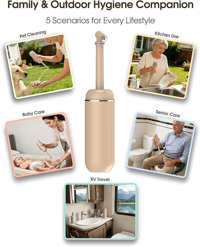 Leak-Proof Portable Bidet for Travel, Full 380ml (12.8oz) Capacity Handle Bidet, Peri Bottle with Secure Seal for On-the-Go Hygiene, Postpartum Care & Camping&Outdoor (Khaki)