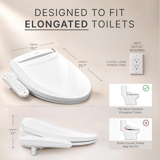 SmartBidet® SB-2000 Smart Bidet Electric Bidet Toilet Seat with Heated Seat, Warm Water, Air Dryer – Side Control Panel, Elongated
