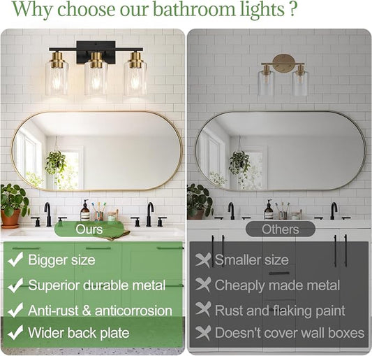 Indoi 3-Light Bathroom Light Fixtures, Black and Gold Modern Vanity Lights with Clear Glass Shades, Bathroom Wall Lamp for Mirror Living Room Cabinet Bedroom Porch