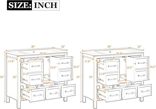 Merax 30 72 Inch White Bathroom Vanity with Double Sink,Modern Double Sink Vanity with 10 Drawers & 2 Spacious Cabinets,Soft Closing Doors with Gold Handles,Solid Wood Frame,Grid Front(2 * 36 Inch)