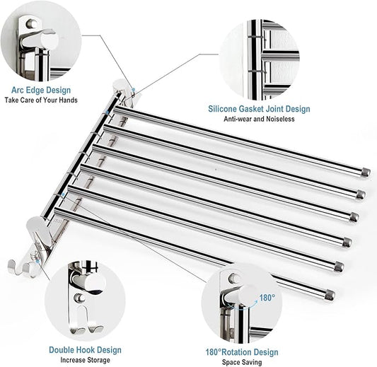 6 - Arm Stainless Steel Swivel Towel Rack with Hook: Wall - Mounted, Rustproof Space - Saver for Bathroom & Kitchen - 180° Rotation, 14kg Capacity