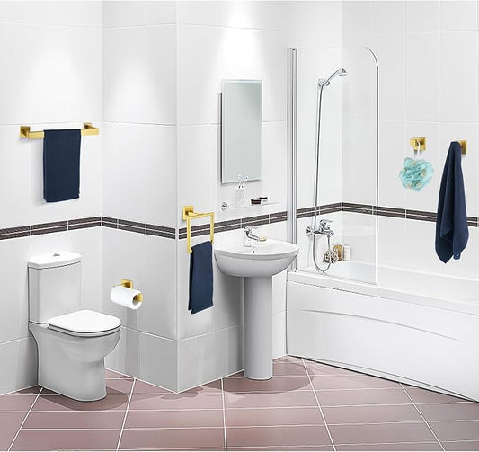 5 Pieces Bathroom Hardware Accessories Set Brushed Gold, 16Inch Bathroom Towel Rack Set SUS304 Stainless Steel, Square Bath Towel bar Set Heavy Duty, Wall Mounted