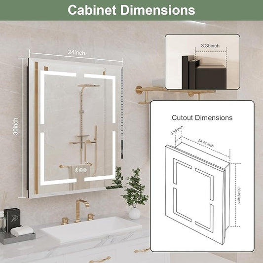 Medicine Cabinet, LED Mirror Cabinet for Bathroom with 3-Color with Mirror Defog, Recessed or Surfaced Wall-Mounted (24X30)