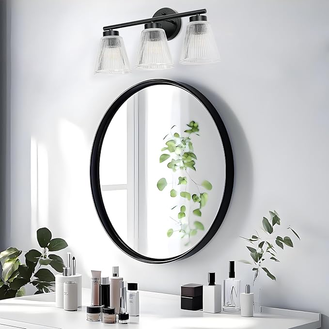 ocioc 3-Light Bathroom Vanity Light Fixture | Over Mirror, Striped Clear Glass, Matte Black Bathroom Ligthing for bedroom, Living Room