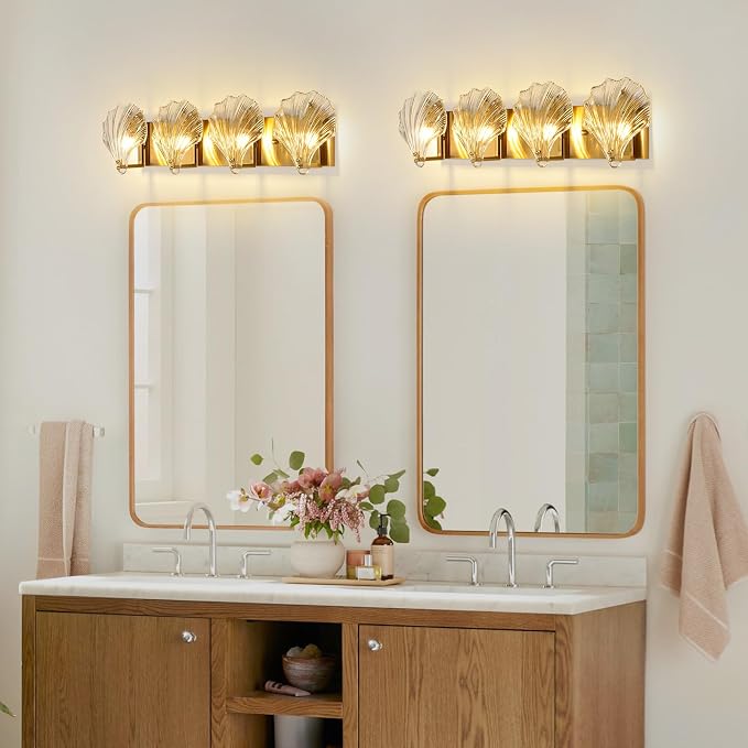 Bathroom Light Fixtures, 4-Lights Vanity Lights Over Mirror, Modern Bathroom Wall Light with Clear Shell Shaped Glass Shades, Gold Crystal Wall Light for Bedroom Living Room Hallway Kitchen
