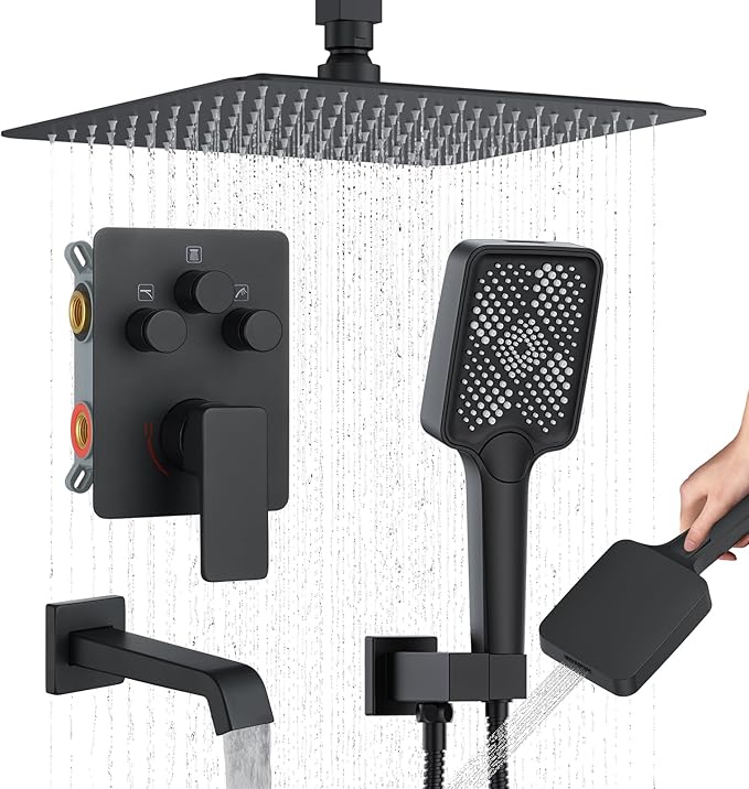 Bathtub Shower Faucet Set with Pressure Balance Valve, 12" Ceiling Mount Shower System with Tub Spout Multi-function Handheld Head Push Button Diverter Shower Trim Kit, Matte Black