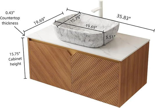 Floating Bathroom Vanity with Sink, 36" Bathroom Storage Cabinet with Sintered Stone Countertop & Marble-Pattern Ceramic Basin, Wall-Mounted Vanity with 2 Twill Pattern Doors, Brown Oak