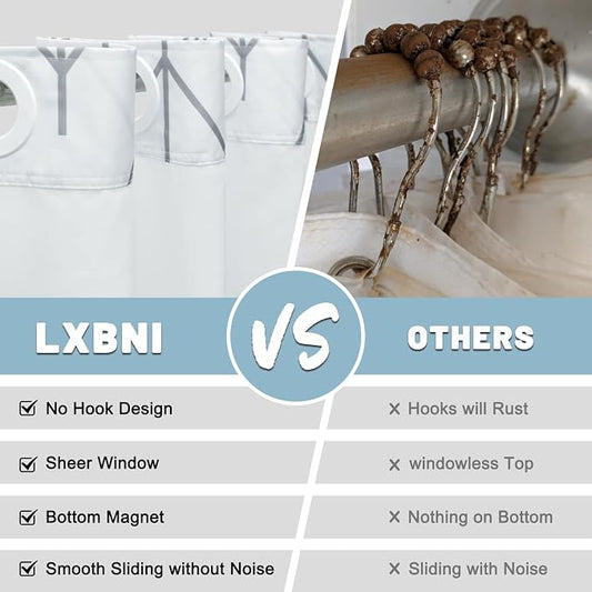 Herringbone No Hook Shower Curtain with Liner, Grey White 71 x 74 | Stripe Pattern,Waterproof,Quick Dry,Mesh Top Window,Bottom Magnets,Hotel Style,Machine Washable,Modern,for Bathroom