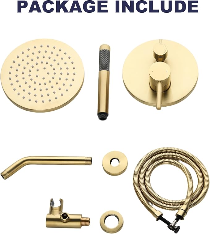 Shower System, All Metal Gold Shower Faucet Set, Brushed Gold | 8" Rainfall Shower Head and Handheld Spray Combo, Round Shower Head and Handle Set with Valve and Trim Kit