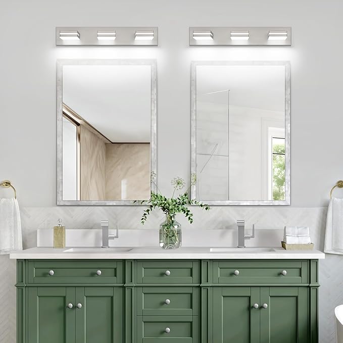 SineRise LED Modern Bathroom Vanity Light Fixtures, Modern Acrylic Bathroom Wall Lighting Fixtures Over Mirror, 3-Light, 24-Inch, Nickel, White
