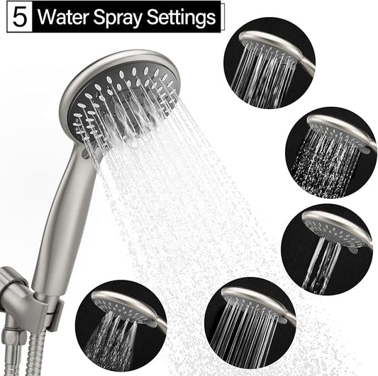 Handheld Shower Head High Pressure 5-Settings with Hose, Matte Black | Powerful Water Spray, Against Low Pressure Water Flow, 59 Inch Stainless Hose, Adjustable Mount