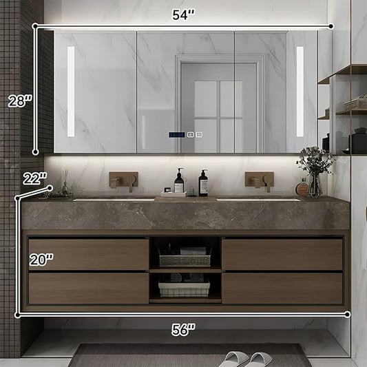 56IN Double Sink Bathroom Vanity, Floating Modern Bathroom Vanity Include Smart Defog Mirror Cabinet with LED Light, Solid Wood Vanities with Integrated Sink and Drawers Storage