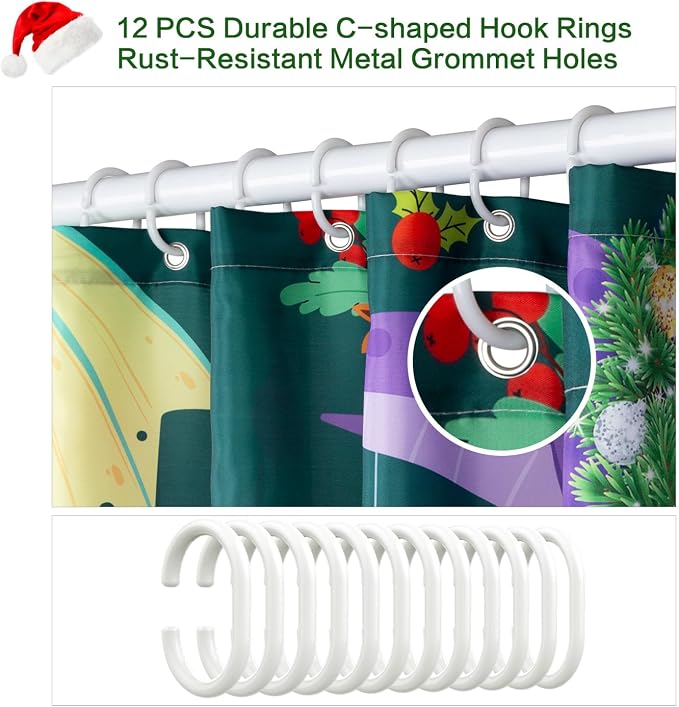 Shower Curtain Christmas, Green Kids Shower Curtain Santa's Hat Dinosaur Party Gift Box Cake Candy Jingling Bell String Light Xmas Theme Machine Wash Home Farmhouse Waterproof Decor Bathroom Curtain