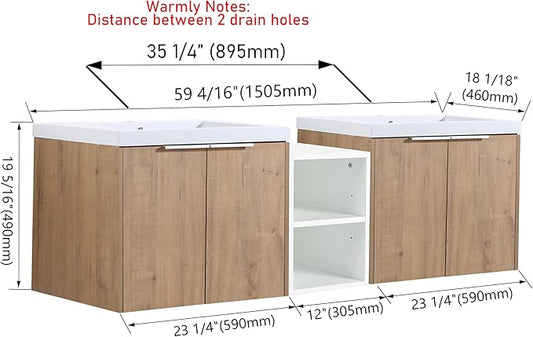 60 Inch Floating Vanity, 60" Bathroom Vanity with Sink, Double Sink Wall Mounted Vanity Combo, Modern Brown Bathroom Vanity Set with 4 Doors and White Basin Sink