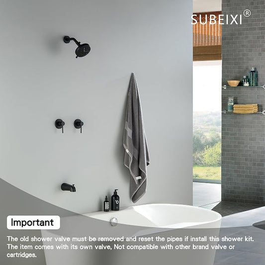 2 Handle Shower Faucet Set with Tub Spout Matte Black Two Handles Shower Faucet Set Bathtub Shower Faucet Combo, Wall Mount