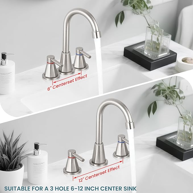 Bathroom Faucet 3 Hole, Brushed Nickel Bathroom Sink Faucet with 360°Swivel Spout, 8 inch Widespread 2 Handle Faucet for Bathroom Sink Vanity RV with Pop-up Drain Supply Line Stainless Steel
