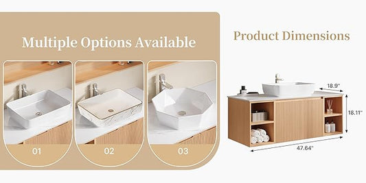 48" Floating Bathroom Vanity with Sink, Modern Vanity Cabinet with Sintered Stone Countertop, Wall Mount Bathroom Sink with Storage, Ceramic Basin, Light Wood (Pure White)