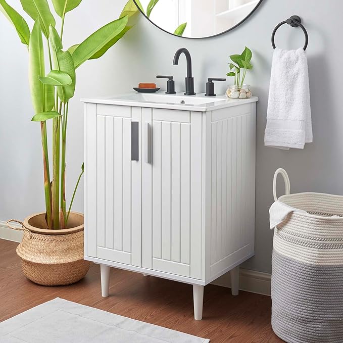 Modway Augusta 24" Bathroom Vanity Cabinet and Ceramic Vessel Sink Basin Combo in White White