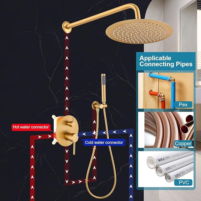 Brushed Gold Shower Faucet Set, Bathroom Rainfall Shower System Fixture 10 Inch High Pressure Round Rain Shower Head with Handheld Sprayer Combo Wall Mount with cUPC Certified Rough-in Valve