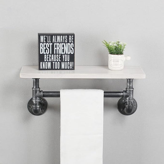Industrial Pipe Shelf Bathroom Shelves Wall Mounted,19.6in Rustic Wood Shelf with Towel Bar,1 Tier Farmhouse Towel Rack Over Toilet,Pipe Shelving Floating Shelves Towel Holder,Retro White