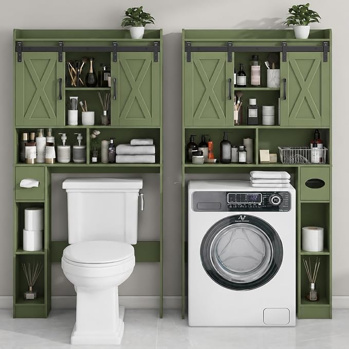 Vabches Over The Toilet Storage Cabinet with Sliding Doors, Green | Farmhouse Storage Cabinet Over Toilet, Home Space-Saving Toilet Rack, Toilet Paper Holder Stand,for Restroom,Bathroom,Laundry