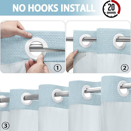 No Hook Shower Curtain with Liner Set Hotel Waffle Curtain Aqua 72W X 75L | Washable Snap in Fabric Liner, Mesh Top Window, Waffle Hotel Style Shower Curtain Set