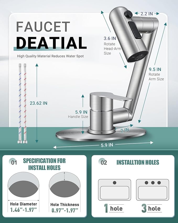 Single Handle Bathroom Faucet, 1080° Swivel Rotatable Faucet with 6'' Deck Plate, Short Bath Sink Faucets for Kitchen Rv Bath Lavatory Sink 1 or 3 Hole, Brushed Nickel