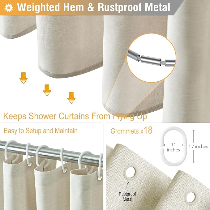 Linen Textured Waterproof Fabric Shower Curtain, 108x72, Light Cream | Heavy Duty Polyester Cloth, 18 Plastic Hooks, Quick-dry, Elegant Drape, Modern Hotel Style, Bathroom Decor, Machine Washable