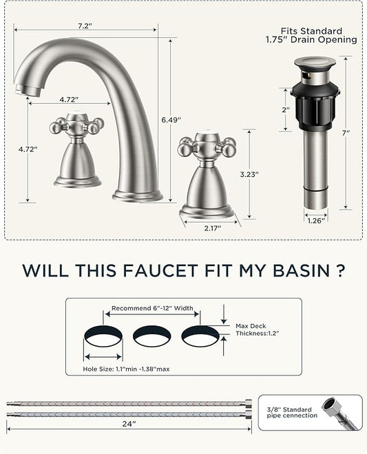 FORIOUS Faucet for Bathroom Sink 3 Hole, Brushed Nickel Bathroom Faucet Widespread with Pop Up Drain and Water Hose Supply, 2 Cross Handle Design, for Vanity RV Farmhouse Sink