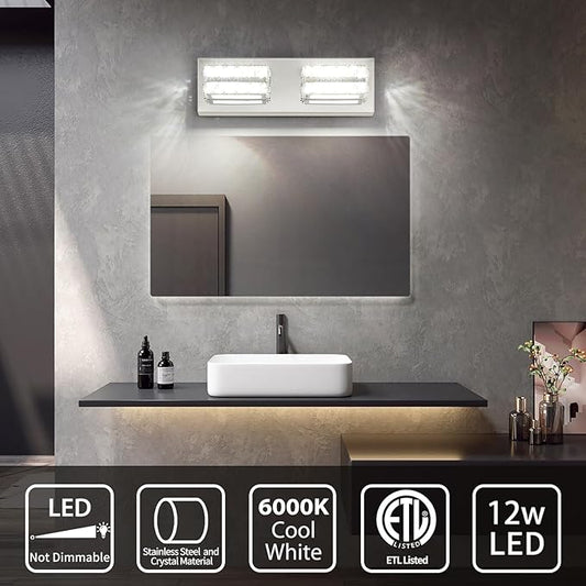 OKELI Crystal Bathroom Lighting Fixtures Over Mirror 2 Light Chrome Vanity Light Modern Vanity Wall Light for Washbasin, Dressing Table, 18W, Dimmable Cold White