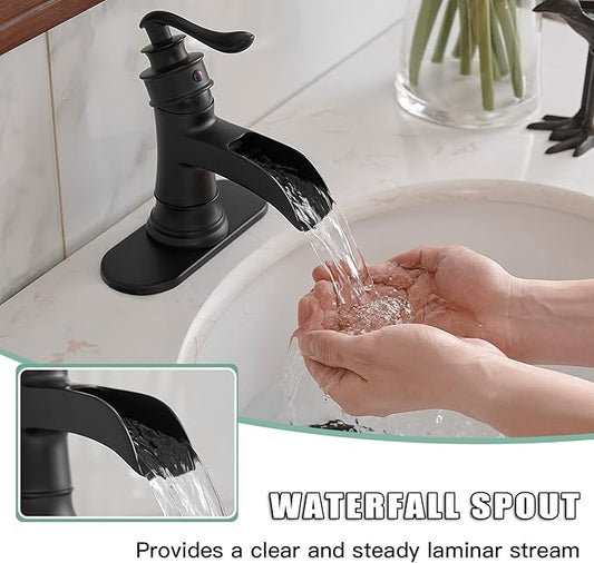 BWE Solid Brass Matte Black Waterfall Bathroom Faucet, Farmhouse (No Drain) | Wide Waterfall Spout, Ceramic Cartridge, Fits 1 or 3-Hole Sink, Single Handle, Easy Install, Not for Vessel Sink