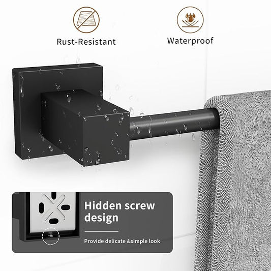 4 Pieces Matte Black Bathroom Hardware Accessories Set, 16 Inch Bath Towel Holder Sets with Toilet Paper Holder, Stainless Steel Towel Racks for Bathroom Wall Mounted