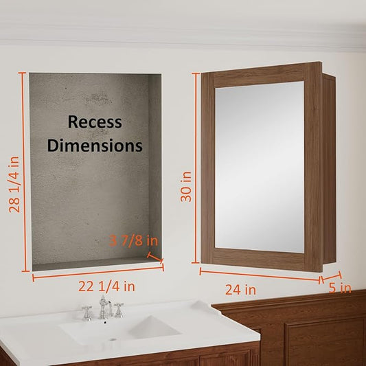 24 x 30 Inch Walnut Grain Medicine Cabinet with Mirror, Recessed or Wall-Mounted Wood Storage Cabinet for Bathroom, Adjustable Shelves, Soft-Close Hinges, Rectangle