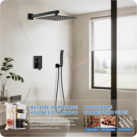 Shower Faucet Set, 10 Inch Rain Shower with Handheld, Matte Black | Pressure Balance Valve, 2-Function Shower System, Wall Mounted, 10-Inch Rain Head, Handheld Spray, Anti-Scald Design