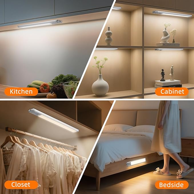 Under Cabinet Lighting Wireless, 15inch Motion Sensor Light Indoor, 3Pack | Rechargeable, 3 Color Temps, Dimmable, Power Display, LED Closet Light Magnetic, Under Counter Lights for Kitchen Shelf Home