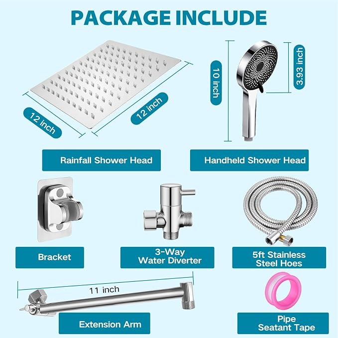 Shower Head, Rain Shower Head with Handheld Spray Combo, 12Inch Adjustable High Pressure Rainfall Shower Head, Dual Showerhead Set with Extension Arm